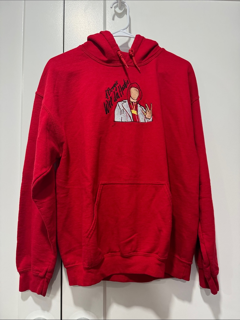 Gildan Red Pullover Hoodie with Embroidered Graphic